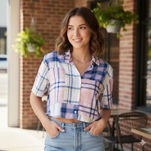 Passport cropped patchwork top size small short sleeve button down shirt NWT/